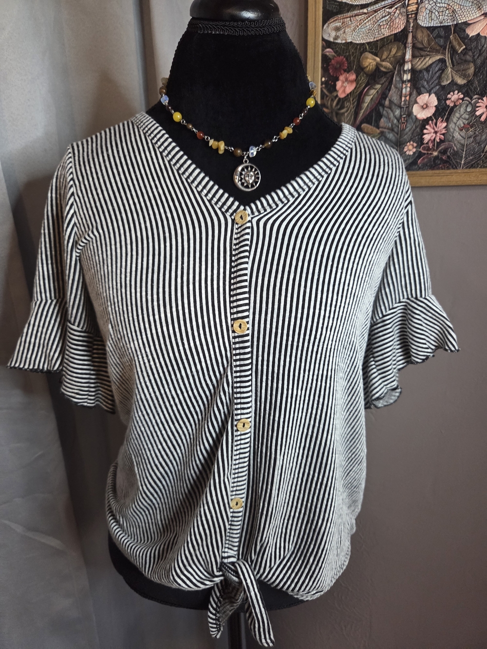 Striped Black & White Tie-Front Button Blouse